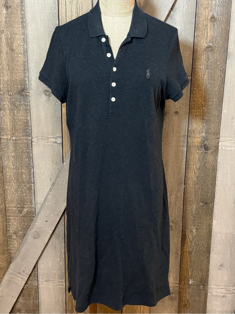 Polo Ralph Lauren Shirt Dress Large Dark Gray Stretch Collared Pony Logo Preppy